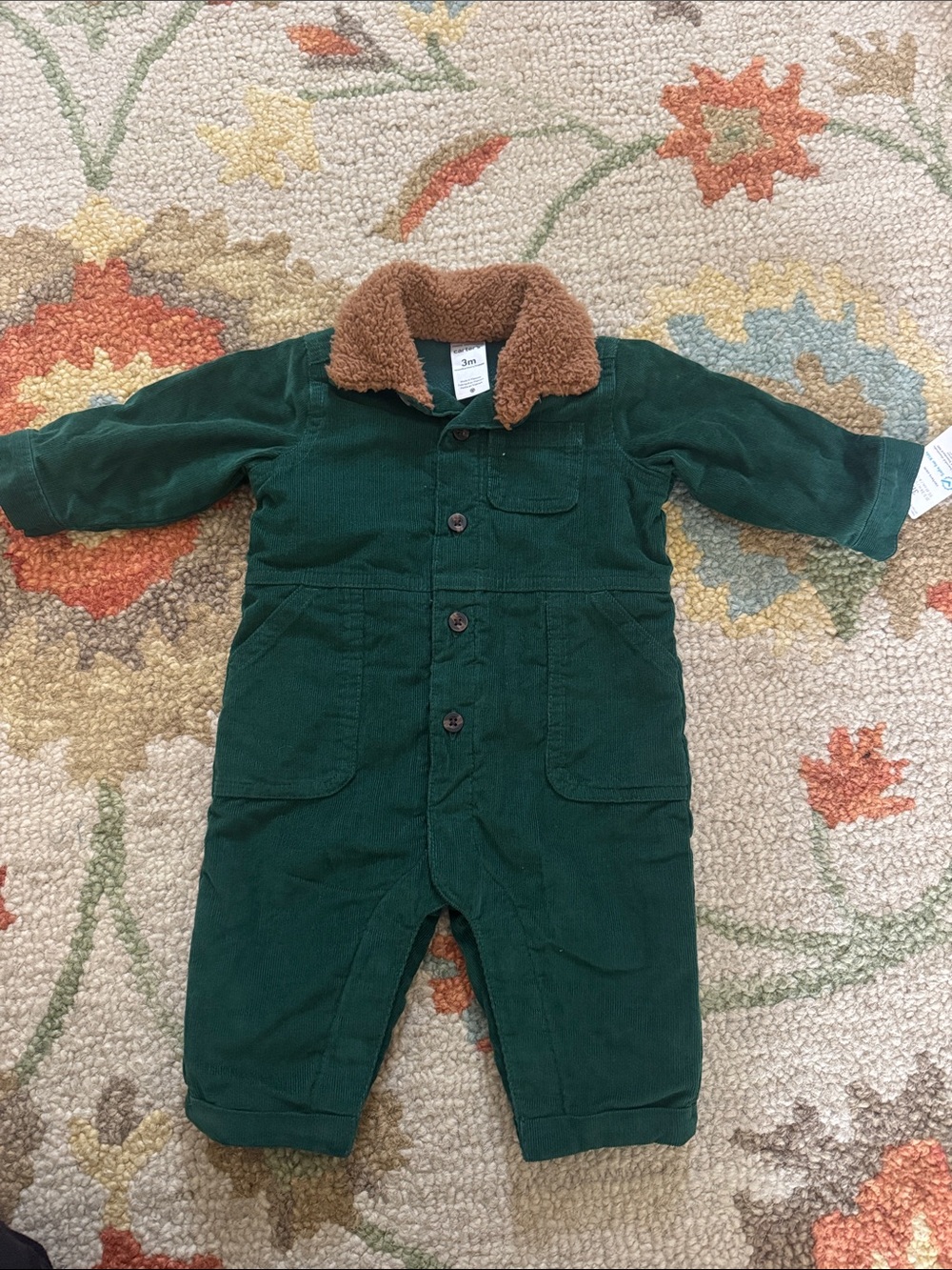 Carter's Forest Green Corduroy Jumpsuit with Tan Sherpa Collar
